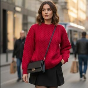 Aran Mór Red Irish Merino Wool Chunky Cable Knit Sweater - Preppy Fisherman - M